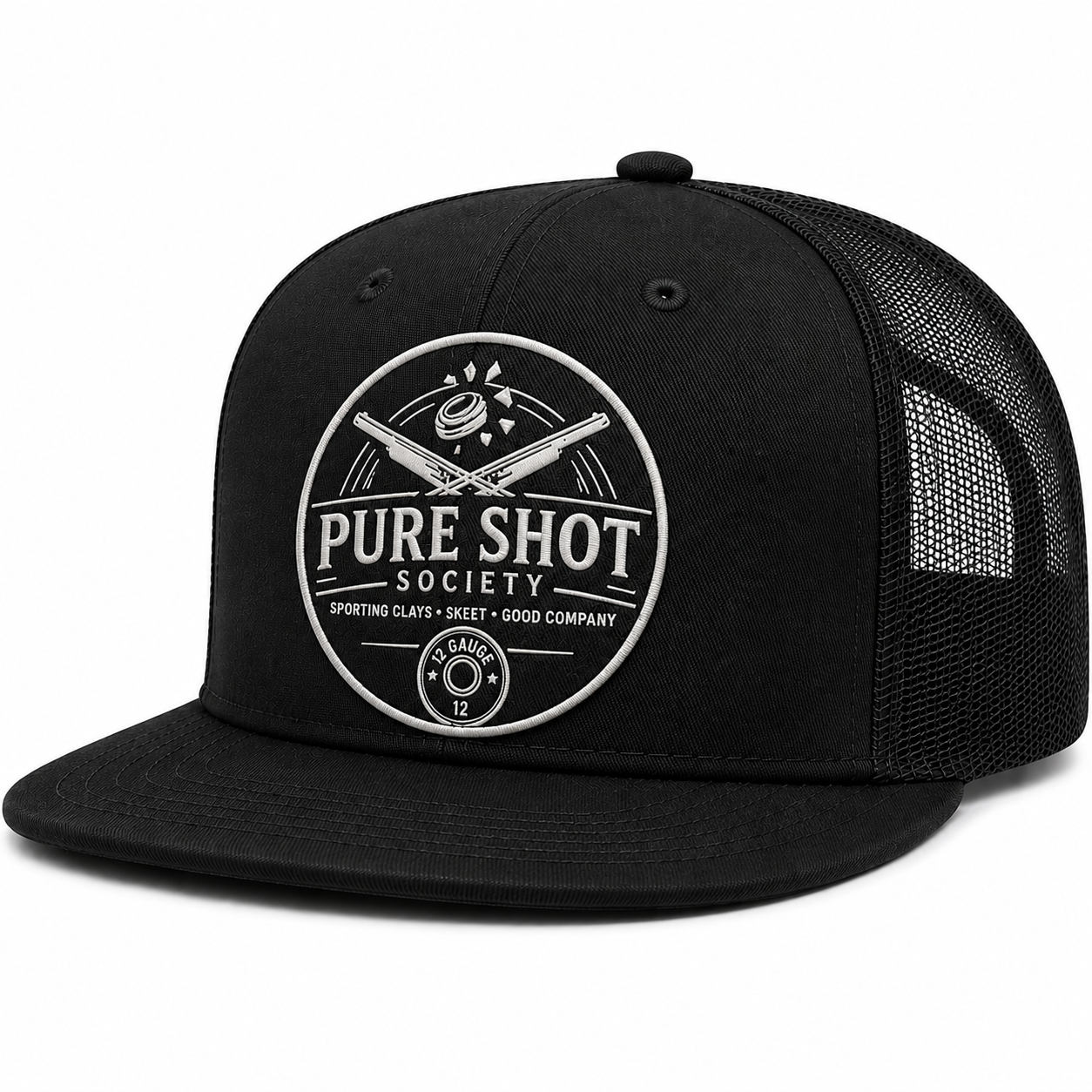 Black trucker hat with black and white round Pure Shot Society patch