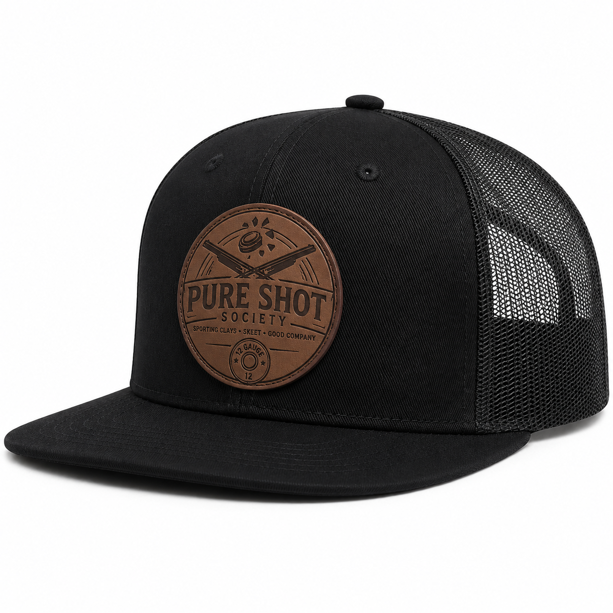 Black trucker hat with brown round Pure Shot Society patch