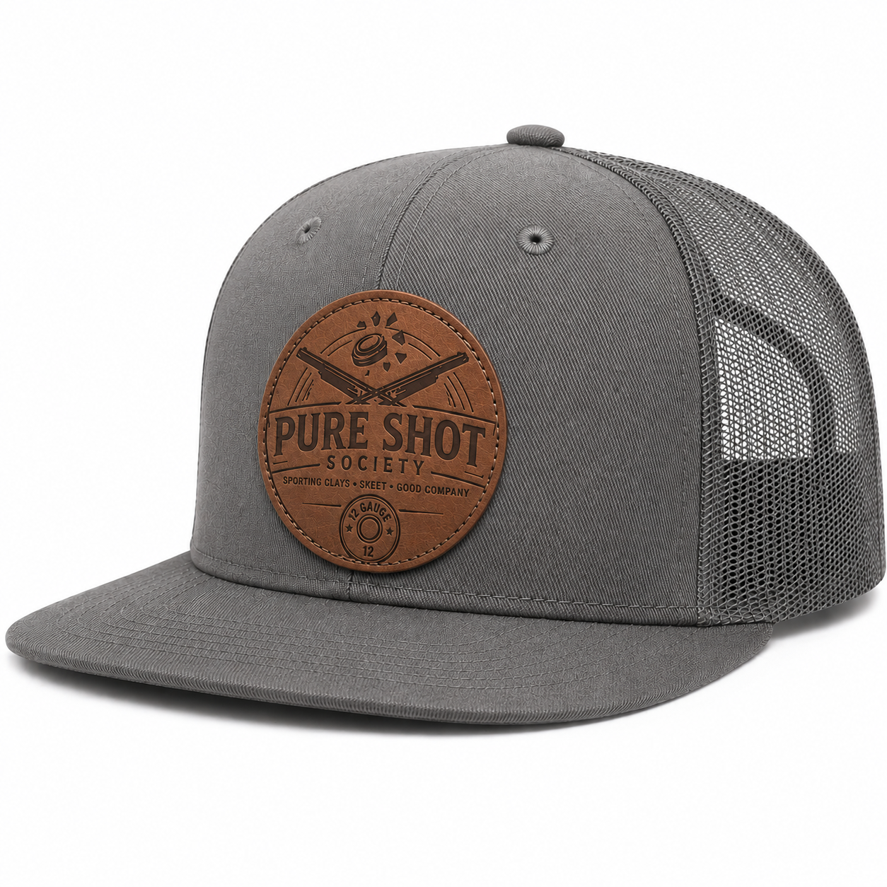 Gray trucker hat with brown round Pure Shot Society patch