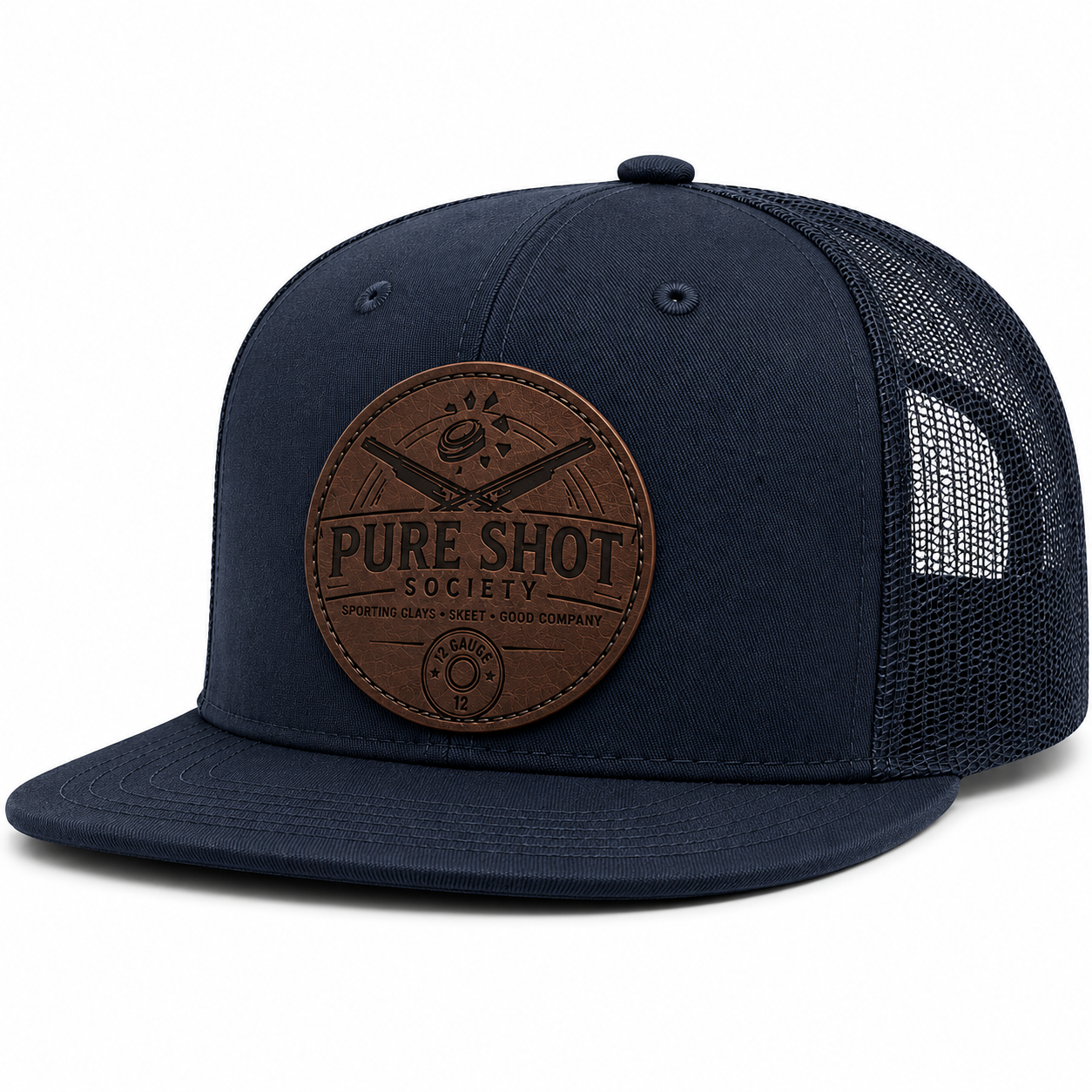Navy trucker hat with brown round Pure Shot Society patch