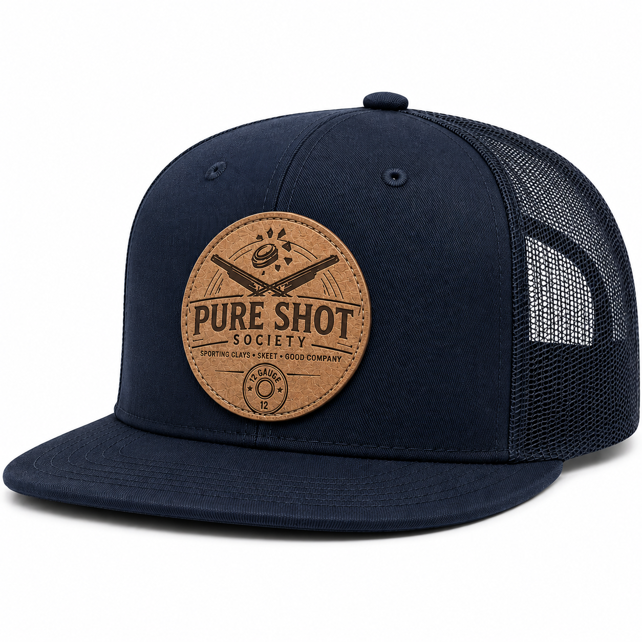 Navy trucker hat with gold round Pure Shot Society patch
