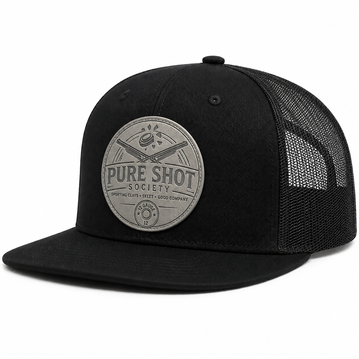 Black trucker hat with silver round Pure Shot Society patch