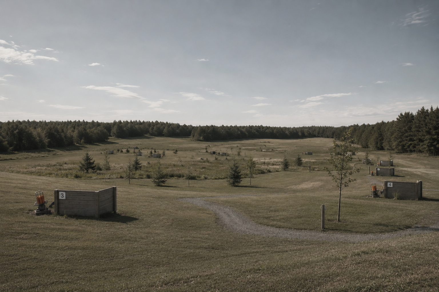 Sporting clays course with stations across a field