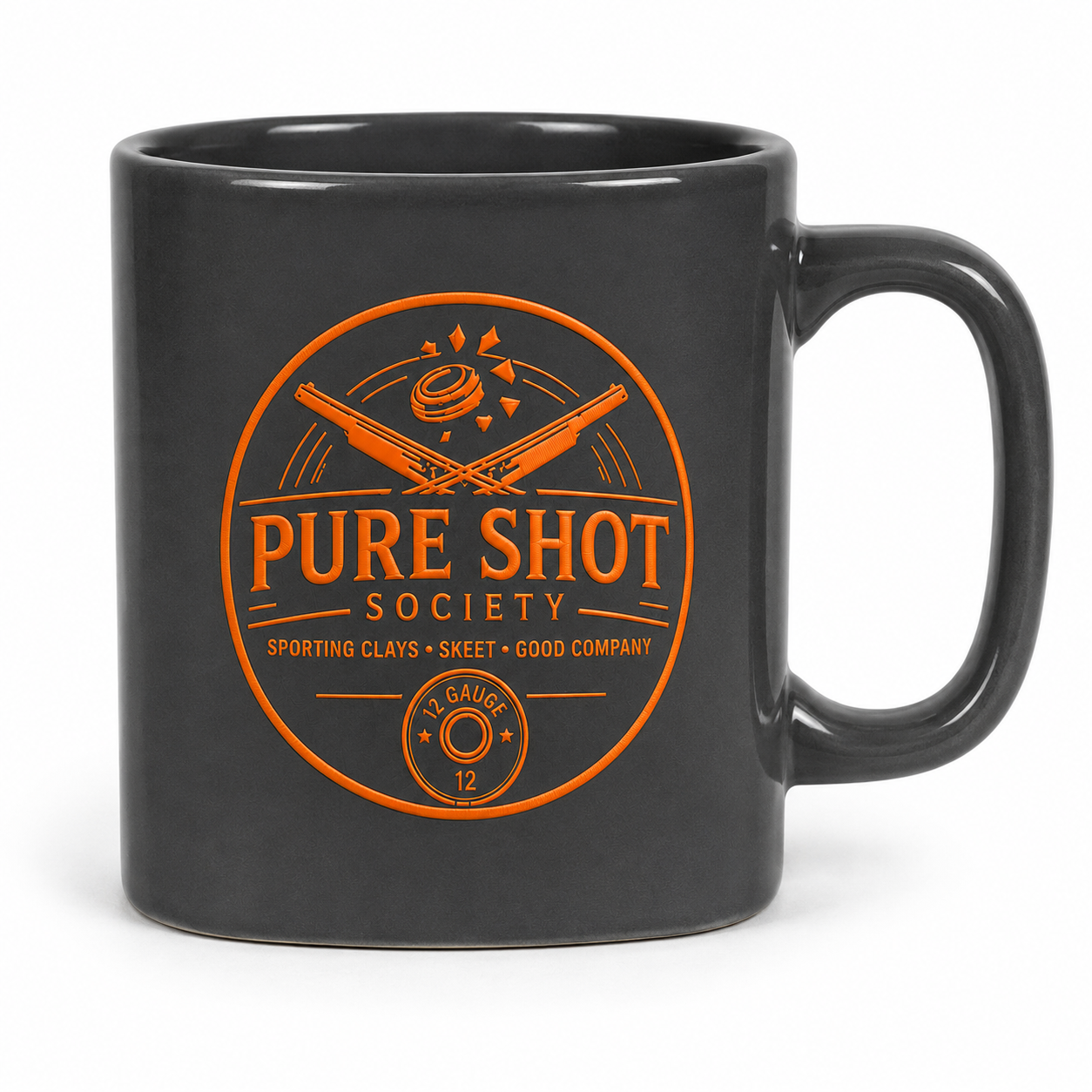 Pure Shot Society charcoal mug with orange logo