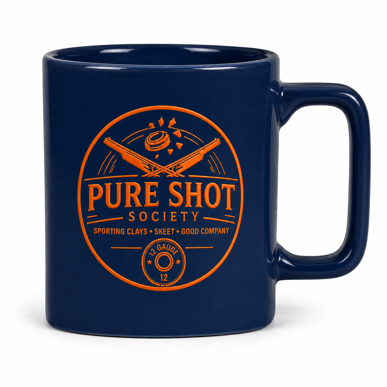 Navy Pure Shot Society mug with orange logo