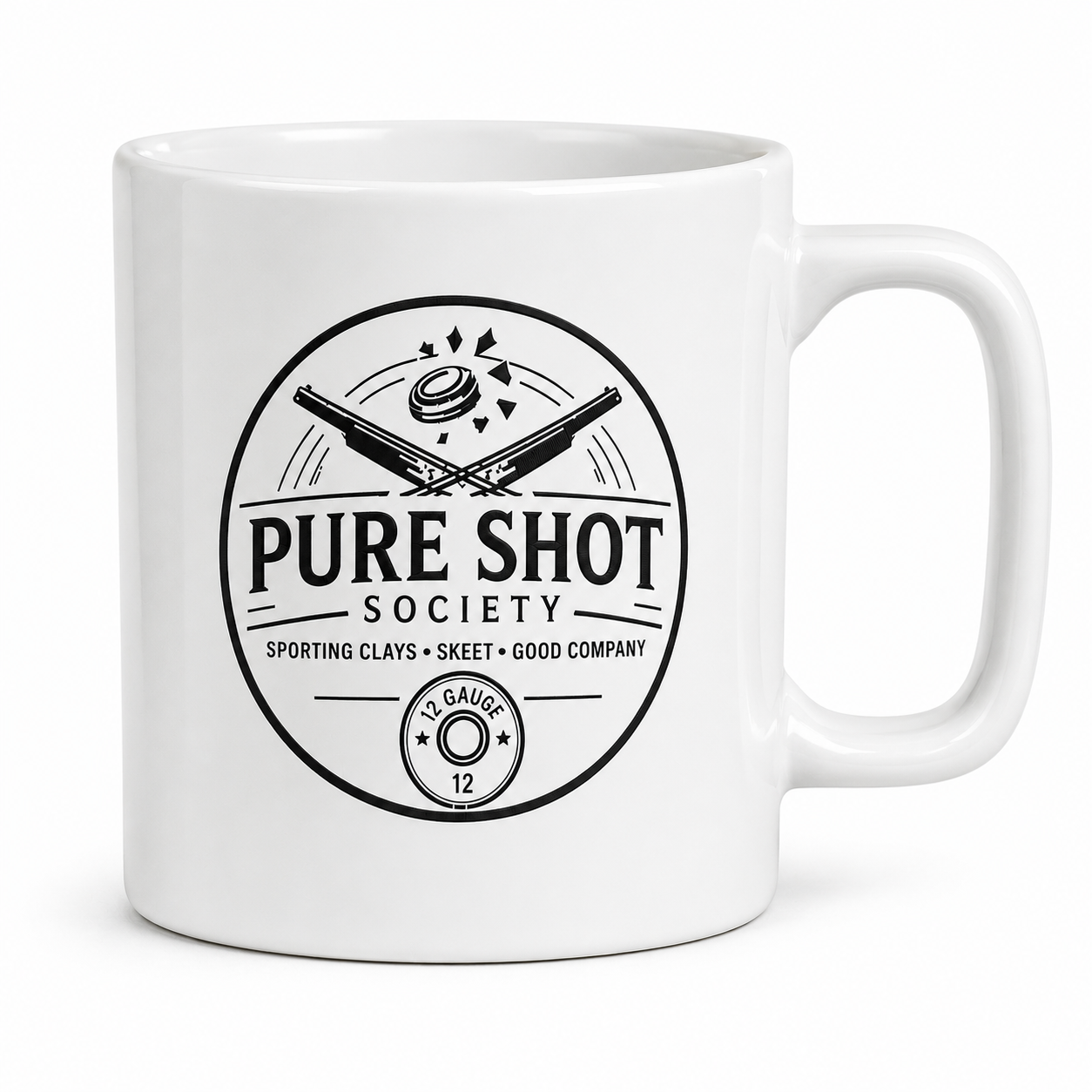 White Pure Shot Society mug with black logo