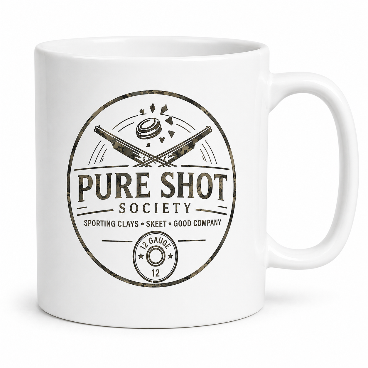 White Pure Shot Society mug with camo logo detail
