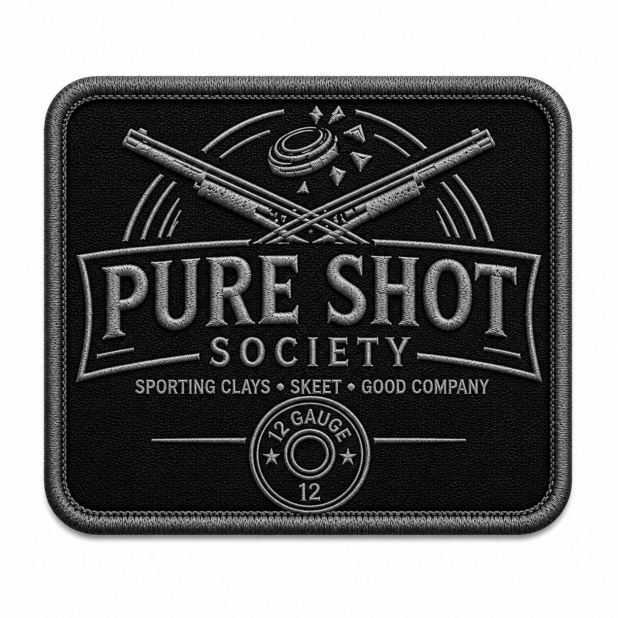 Rectangular black and silver Pure Shot Society sticker or patch design