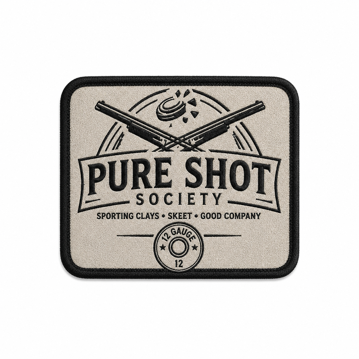 Rectangular cream and black Pure Shot Society sticker or patch design
