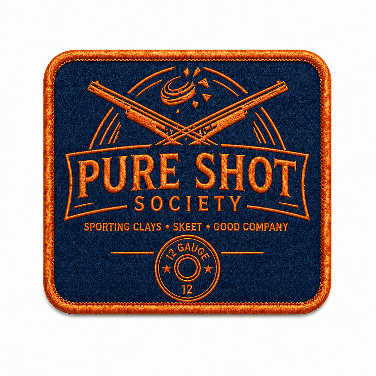 Rectangular navy and orange Pure Shot Society sticker or patch design