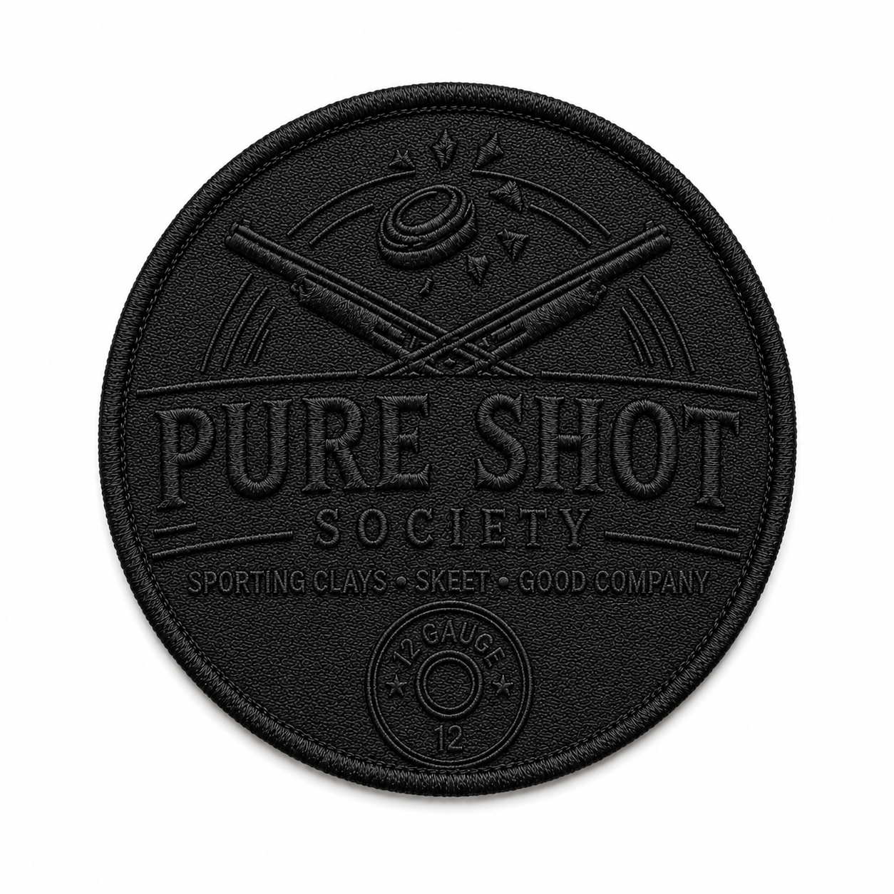 Round black tonal Pure Shot Society sticker or patch design