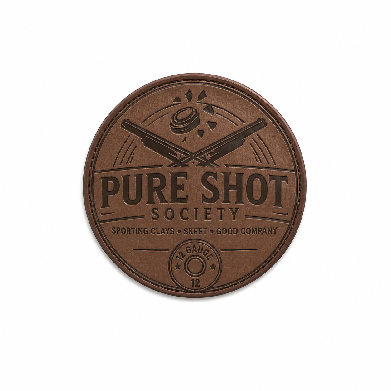 Round brown leather Pure Shot Society sticker or patch design