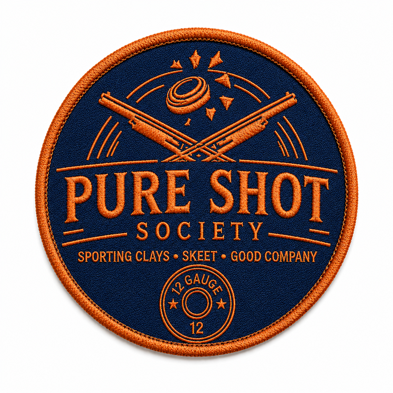 Round navy and orange Pure Shot Society sticker or patch design