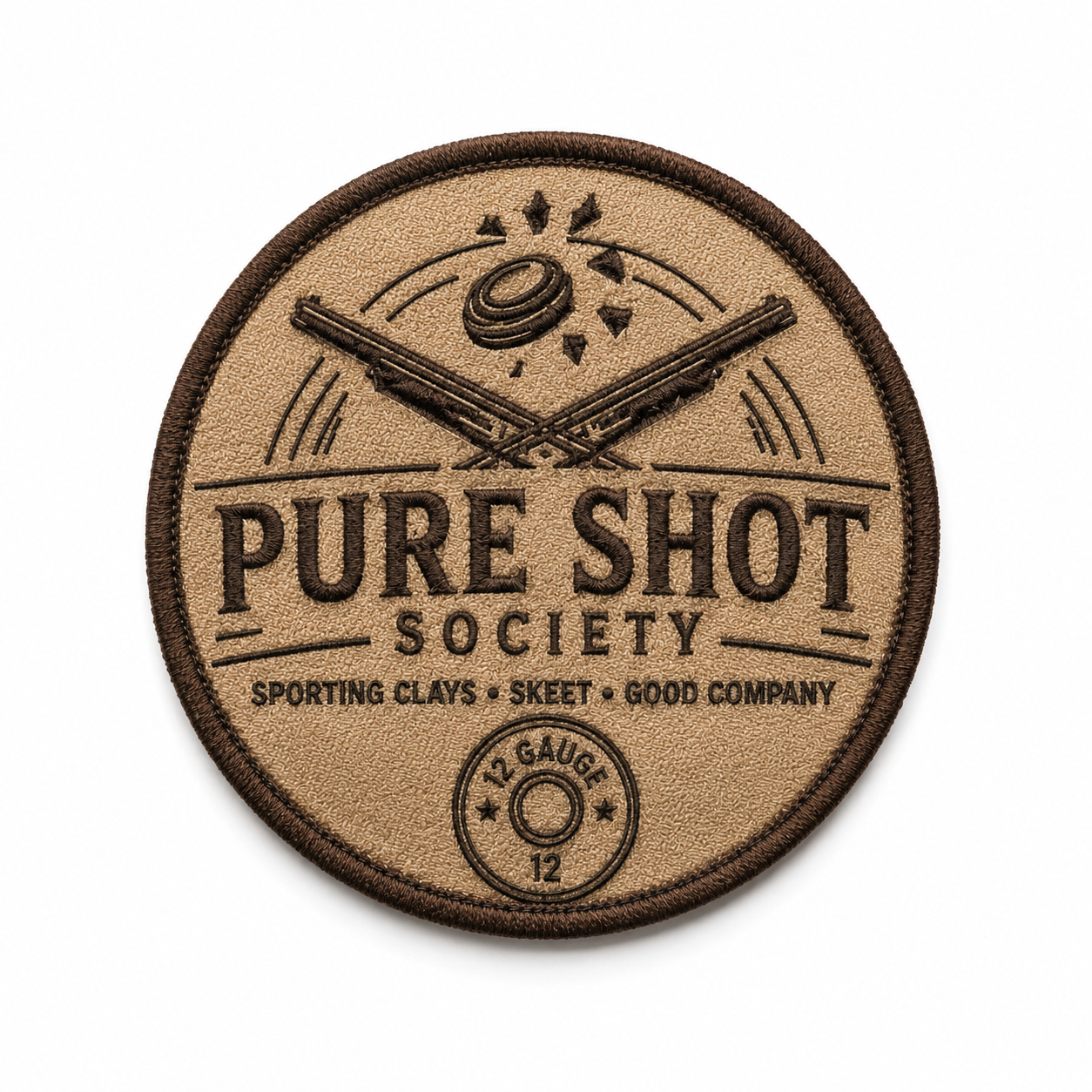 Round tan and brown Pure Shot Society sticker or patch design