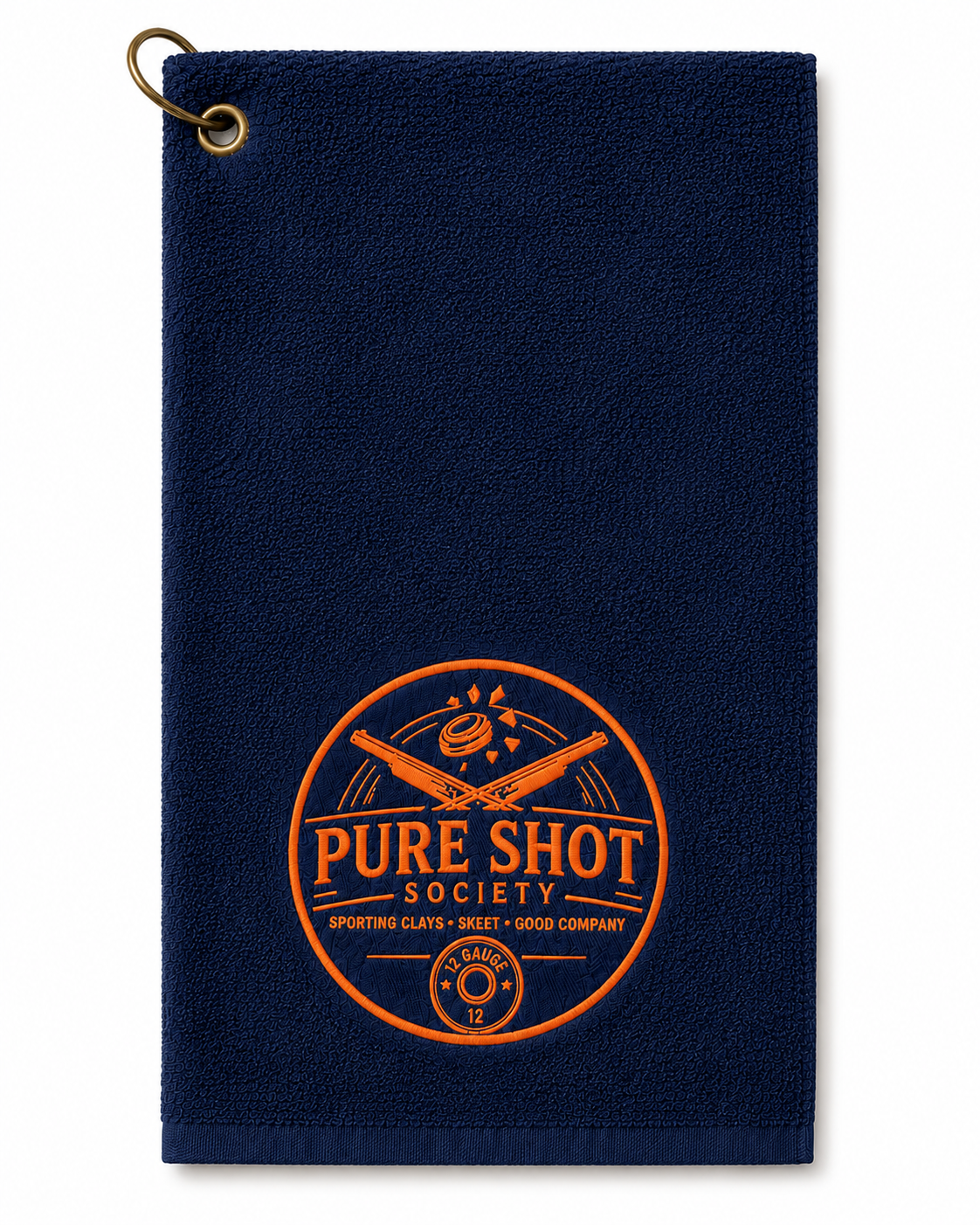 Pure Shot Society navy shooting towel with orange logo